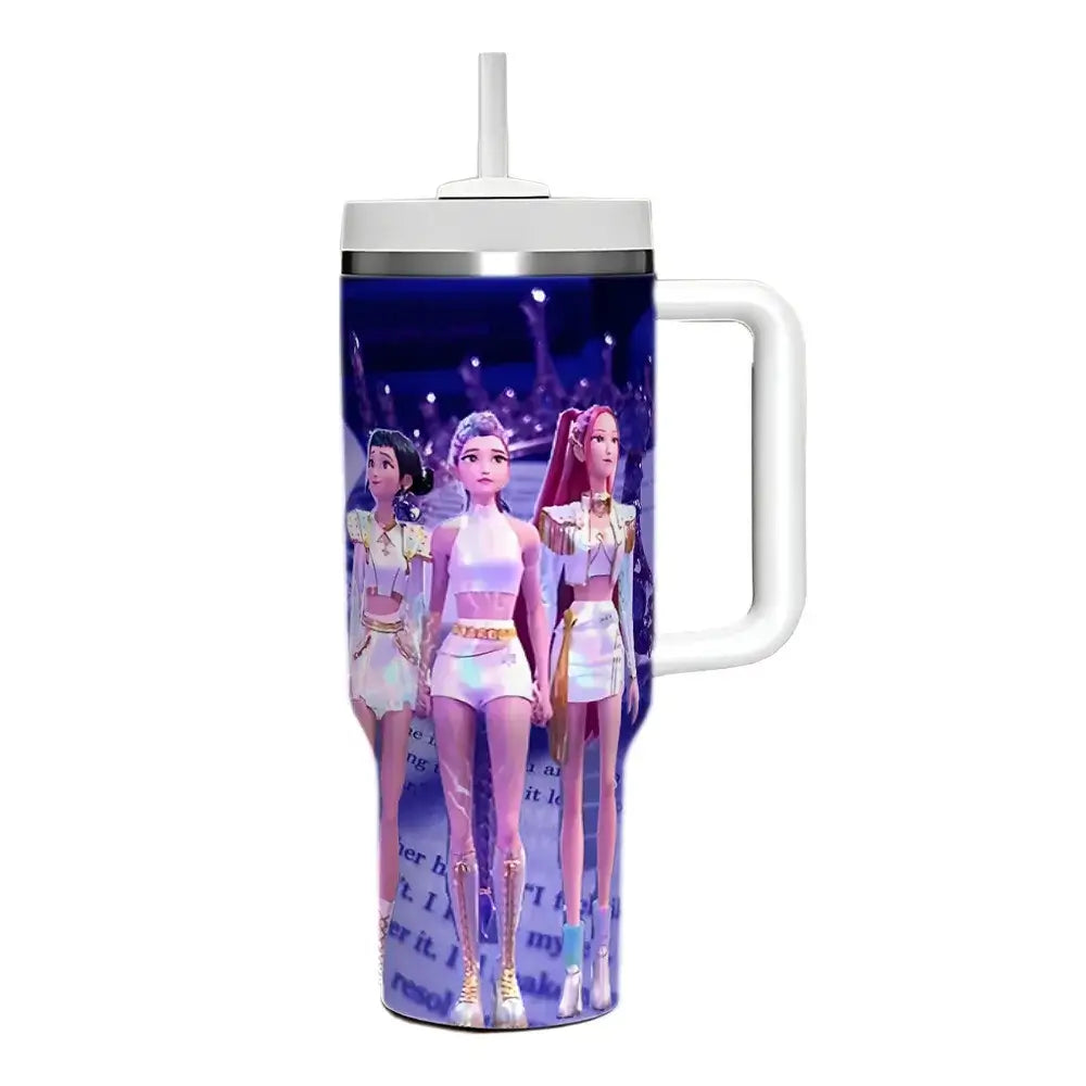 A 40oz stainless steel K-Pop Demon Hunters Cup featuring cartoon prints of anime girl group characters Rumi, Zoey, and Mira, designed for car travel.