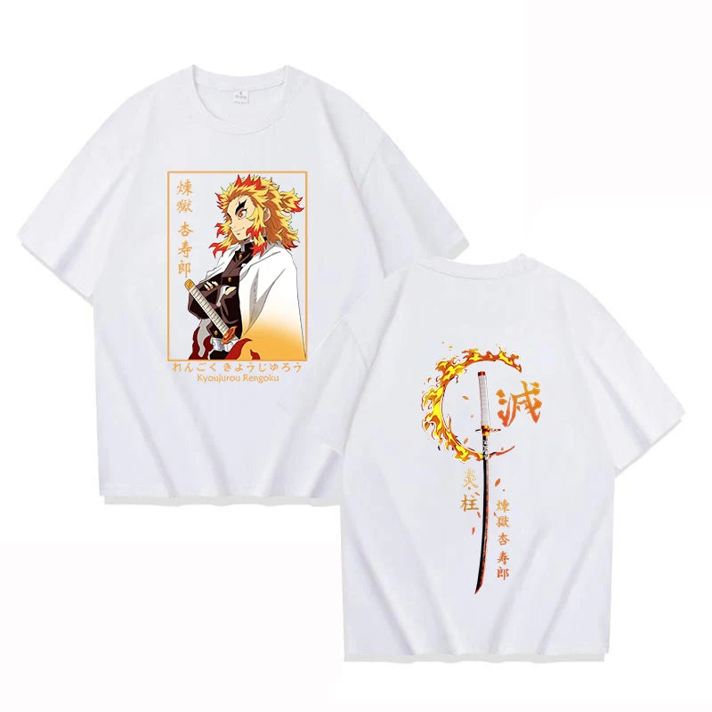 A hot new Rengoku Kyoujurou Printed Tee Shirt, a casual round neck summer unisex top for Demon Slayer fans.