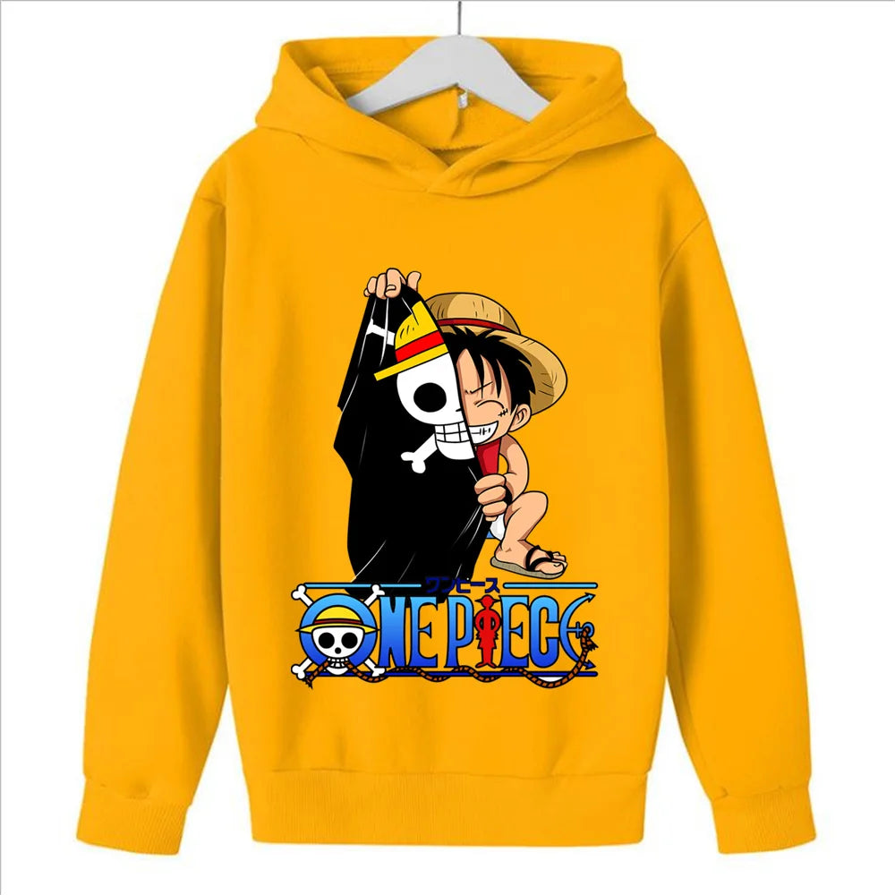 A 2025 New Anime One Piece Hoodies for Kids, a fashion Luffy pullover and hip hop coat for boys' clothing and cosplay.