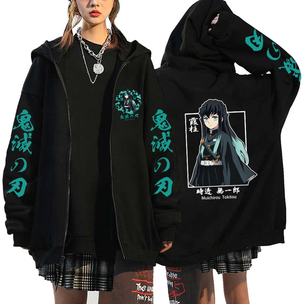 A Y2K style Demon Slayer Zip Up Hoodie featuring a Nezuko Kamado graphic, unisex hip hop streetwear for men and women.