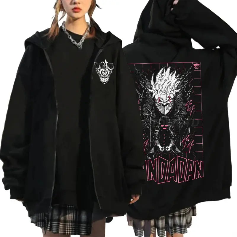 An oversized Anime Dandadan Ken Takakura Hoodie with a graphic print of Okarun, designed as a Harajuku male zipper jacket for men and women.