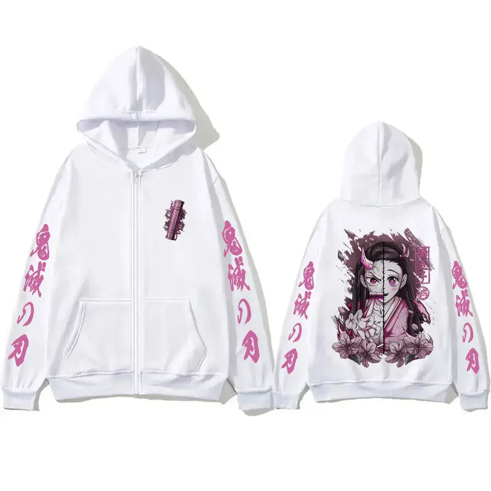 A casual oversized Anime Demon Slayer Kamado Nezuko Merch Zipper Hoodie jacket for men and women.