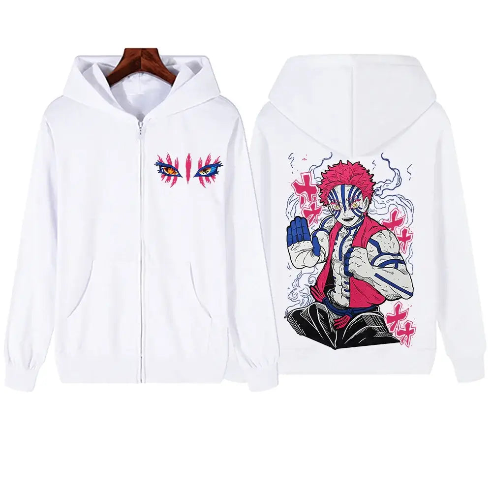An oversized Harajuku Demon Slayer Akaza Hoodie for men and women, featuring a printed design of Akaza and the Infinity Castle.