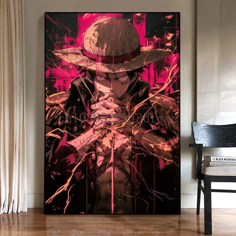 A high-quality One Piece Canvas Print featuring classic Japanese anime characters like Luffy, designed as unframed wall art for living room decoration.