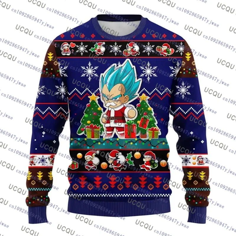 A festive Christmas Dragon Ball Hoodie featuring Goku and anime graphics, designed as an oversized autumn winter pullover for men and women.