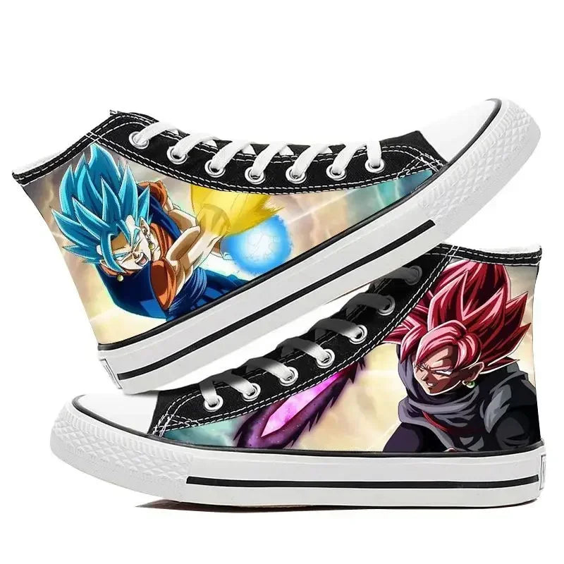Trendy Dragon Ball High Top Canvas Shoes featuring Goku and Vegeta animation art, breathable flat sneakers for students and fans.
