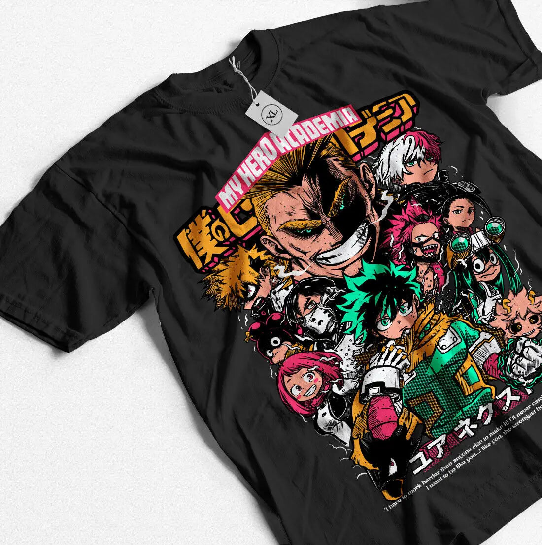 A high-quality All Might T-shirt made of soft cotton, featuring a dynamic graphic of the Symbol of Peace for My Hero Academia fans.