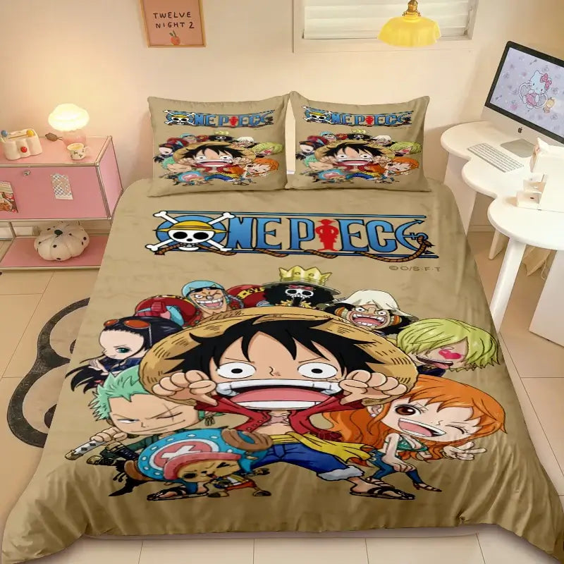 A comfortable Duvet Cover One Piece cartoon bedding set, showing the Straw Hat Pirates, an ideal holiday gift for friends and children.