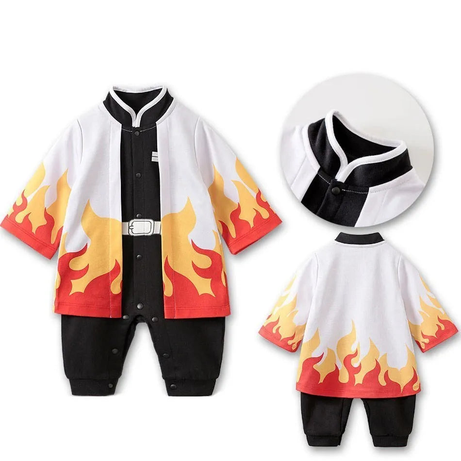 A newborn infant wearing one of the Anime Baby Rompers, a cosplay costume available in Akatsuki, Nezuko, and Tanjirou styles.