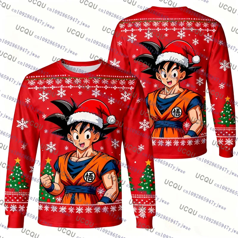 A festive Christmas Dragon Ball Hoodie featuring Goku and anime graphics, designed as an oversized autumn winter pullover for men and women.