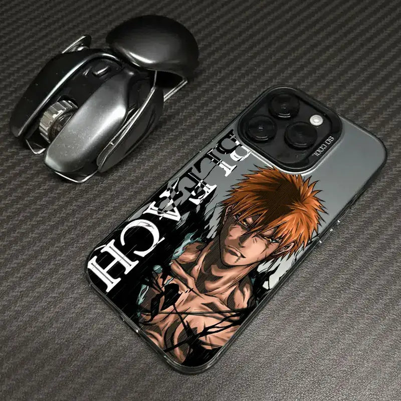 A shockproof Bleach Anime Phone Case featuring Ichigo Kurosaki and Rukia Kuchiki anime art, compatible with Apple iPhone 16e, 16, 15, and 14 Pro Max.