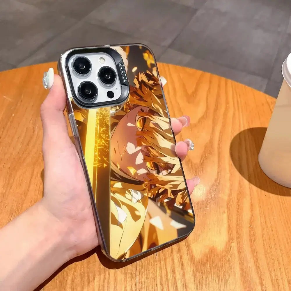 A matte black Demon Slayer Phone Case featuring cool anime character art and shockproof silicone protection for Apple iPhone 16, 15, and 14 Pro Max.