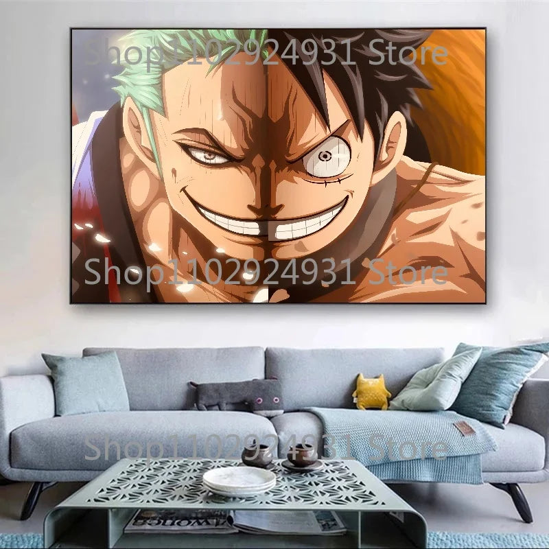 A colorful creative One Piece Luffy Zoro Poster printed on high-definition canvas, displayed as modern home wall art decoration.
