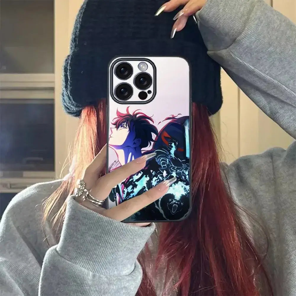 A soft TPU Solo Leveling Phone Case featuring Sung Jinwoo anime art, compatible with Apple iPhone 16, 15, and 14 Pro Max.