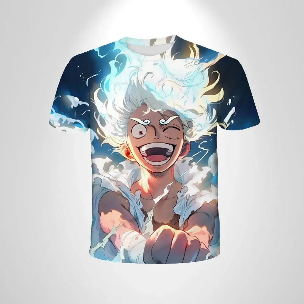 A black loose-fit One Piece Luffy T-shirt featuring a cartoon cosplay graphic of Monkey D. Luffy for men and boys.