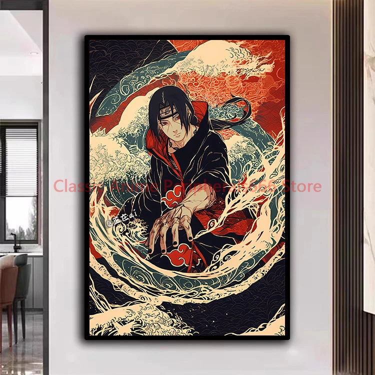 A traditional Ukiyo-e style Naruto Poster canvas painting featuring Akatsuki members Itachi and Sasuke for aesthetic home decor.