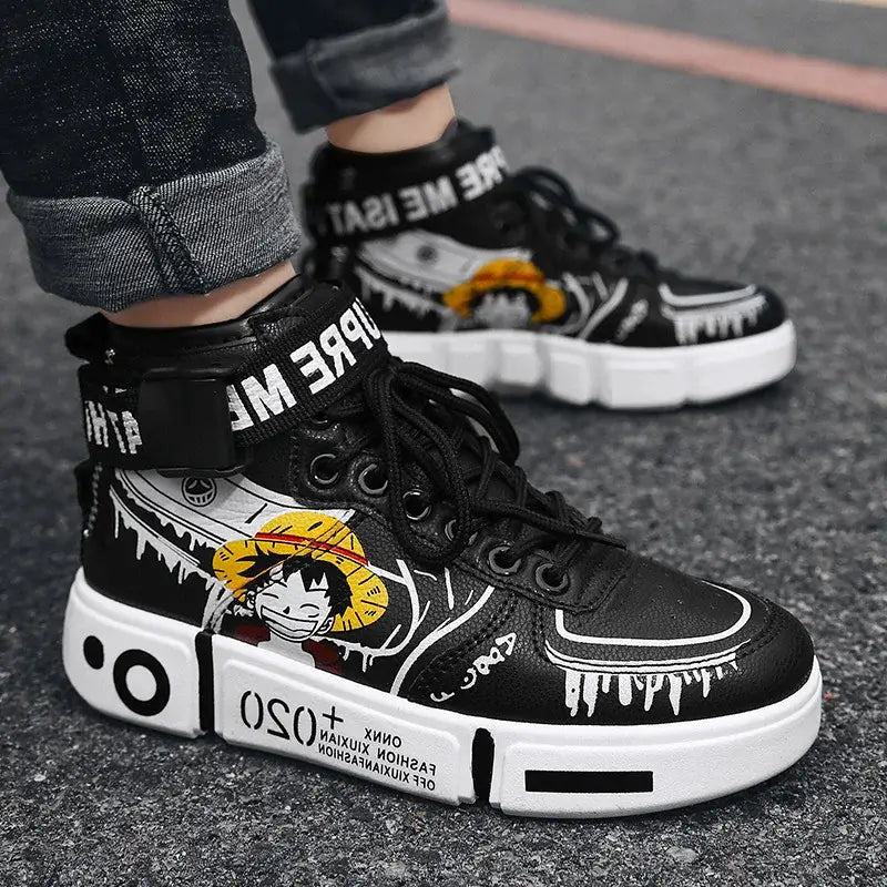 A pair of Anime One Piece Luffy High Top Shoes featuring Roronoa Zoro, designed as breathable, non-slip leisure sports sneakers for men and women.