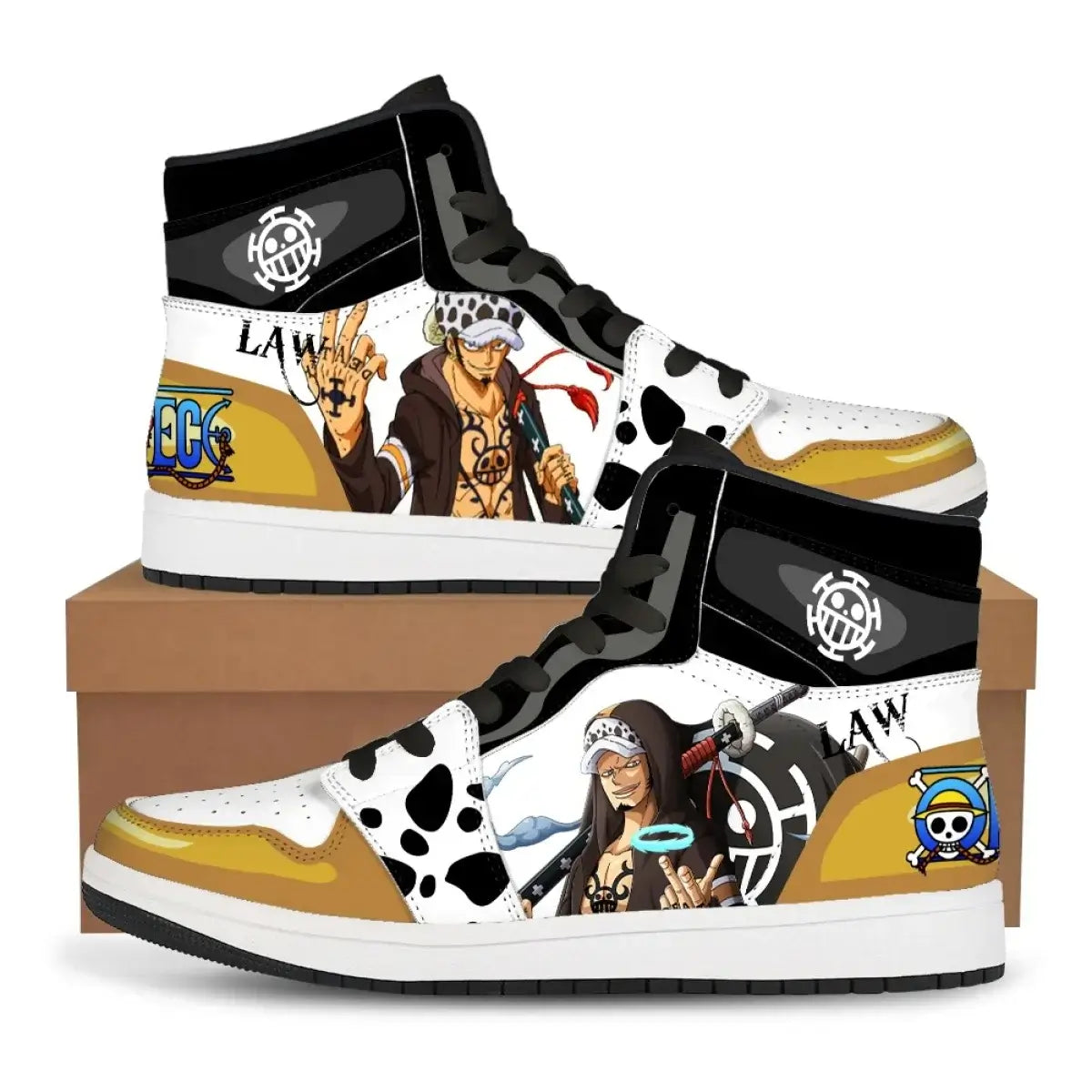 A pair of custom One Piece Basketball Shoes featuring anime designs of Luffy and Zoro, suitable as unisex sneakers.