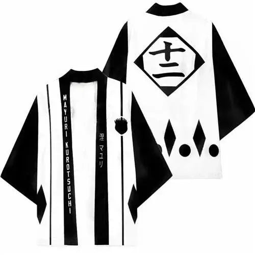 A stylish Bleach Cosplay Kimono cardigan featuring Kurosaki Ichigo and Kenpachi Zaraki designs, functioning as a Haori cloak for parties and cosplay.