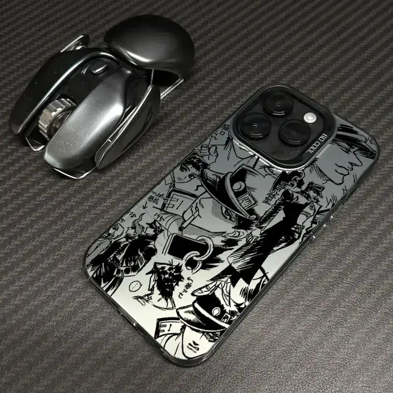 A shockproof JoJo's Bizarre Adventure Phone Case featuring colorful anime art of Jotaro and Dio, compatible with Apple iPhone 16e, 16, 15, and 14 Pro Max.