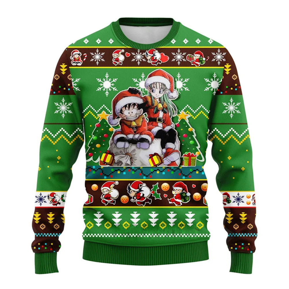 A festive Dragon Ball Anime Sweater featuring Goku and Dragon Balls, designed as a round neck Christmas pullover for men and women.