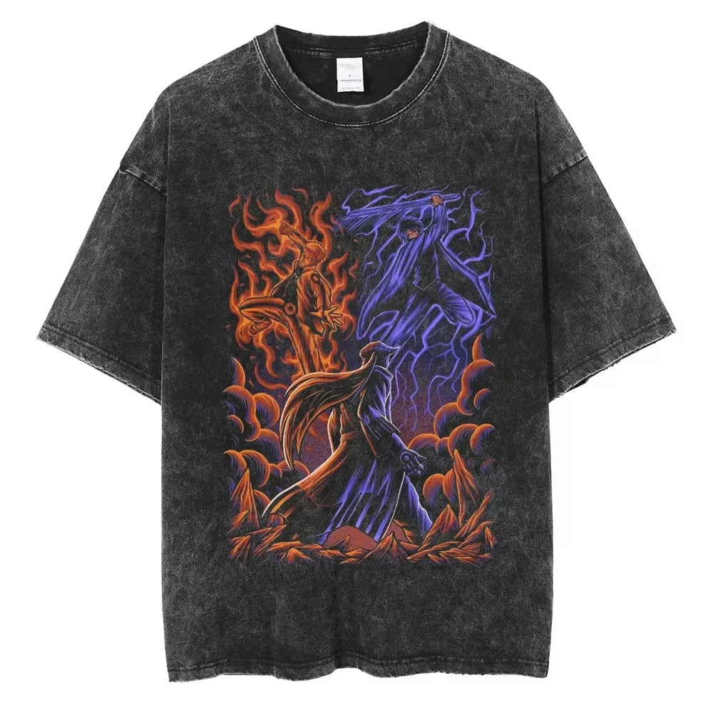A washed black Naruto Vintage T-Shirt featuring a hip hop style anime print, designed as Harajuku streetwear for men and women.