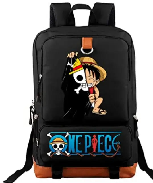 A large, unisex One Piece Luffy Printed Unisex Backpack suitable for school and travel, with compartments for a laptop and iPad.
