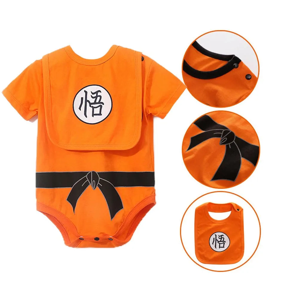 A newborn infant wearing the Baby Anime Costume, a cosplay jumpsuit available in Luffy, Akatsuki, and Vegeta styles.