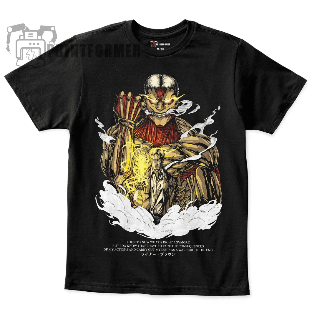 Soft 100% cotton Attack On Titan Armoured Titan T-Shirt featuring a manga graphic of Reiner Braun.