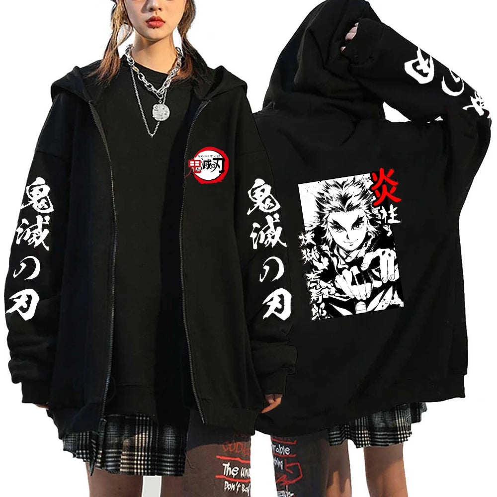 A Y2K style Demon Slayer Zip Up Hoodie featuring a Nezuko Kamado graphic, unisex hip hop streetwear for men and women.