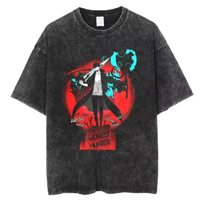 A hot unisex and plus size Solo Leveling Sung Jin-Woo Printed T Shirt in a washed cotton Harajuku style.