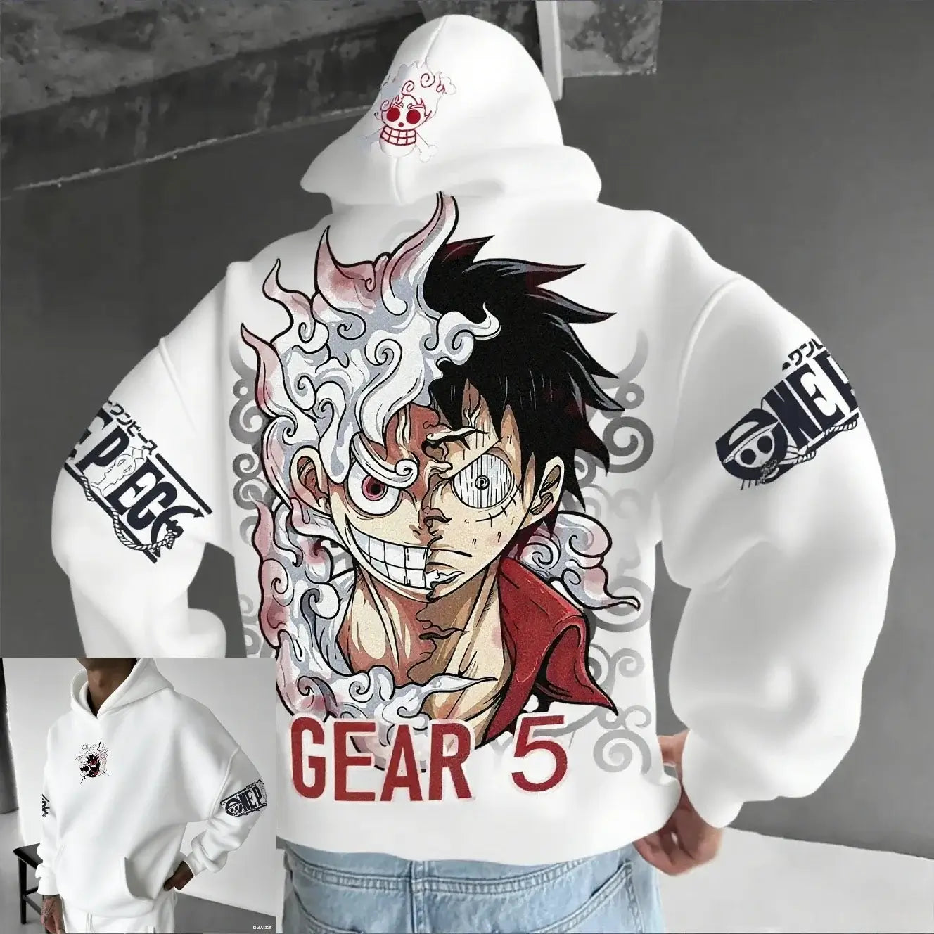 A streetwear One Piece Luffy Gear 5 Nika Anime Hoodie, a casual pullover for men and women's autumn and winter cosplay.