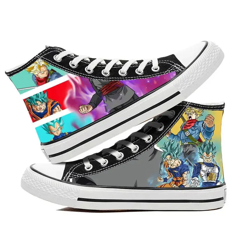 Trendy Dragon Ball High Top Canvas Shoes featuring Goku and Vegeta animation art, breathable flat sneakers for students and fans.