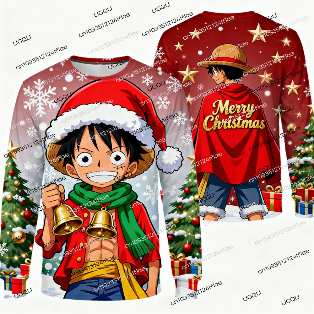 A festive Luffy Christmas Long Sleeve t-shirt featuring One Piece anime art, designed as a holiday gift for men, women, and kids.