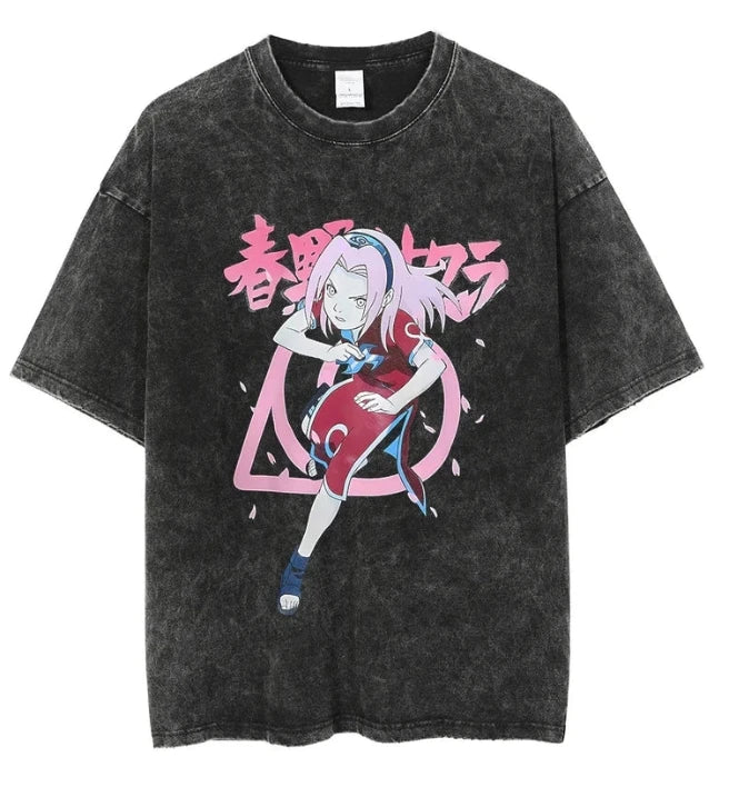 A retro washed Uchiha Sasuke T-shirt featuring a high-quality anime graphic print, designed as oversized cotton streetwear for men and women.