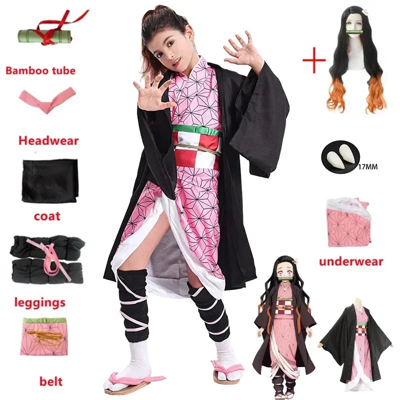 A complete Nezuko Kamado Cosplay Costume featuring the pink hemp-leaf pattern kimono and bamboo muzzle prop for adult Halloween parties.