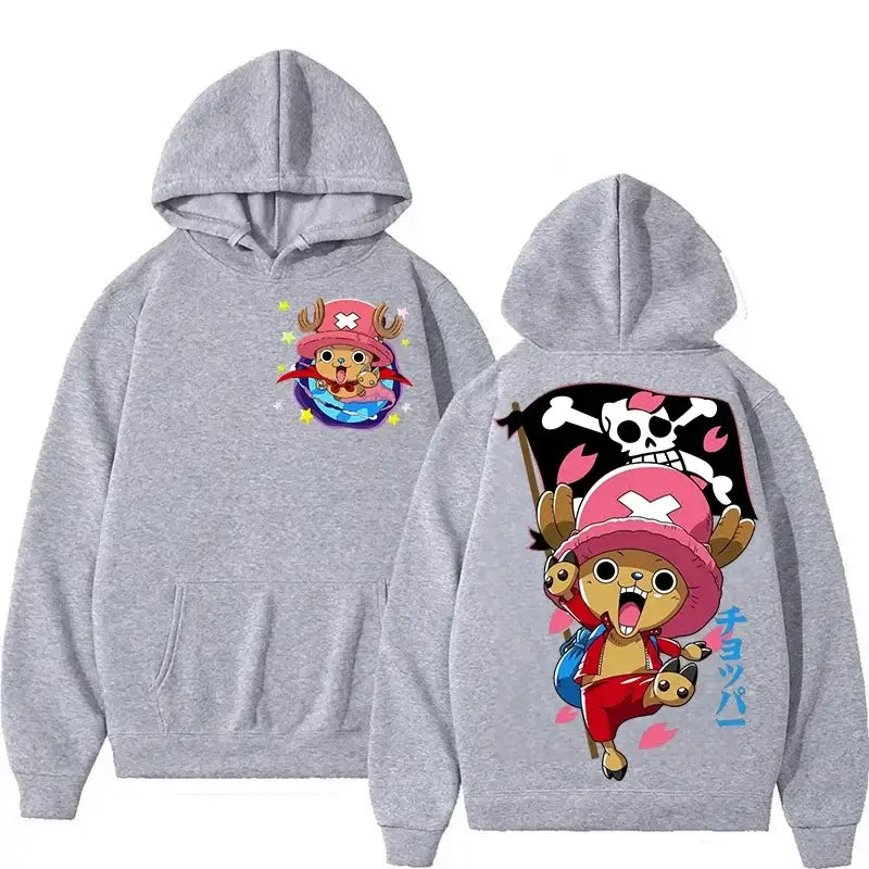 A couple wearing the oversized Harajuku Style Chopper Hoodie with a cute One Piece pattern.