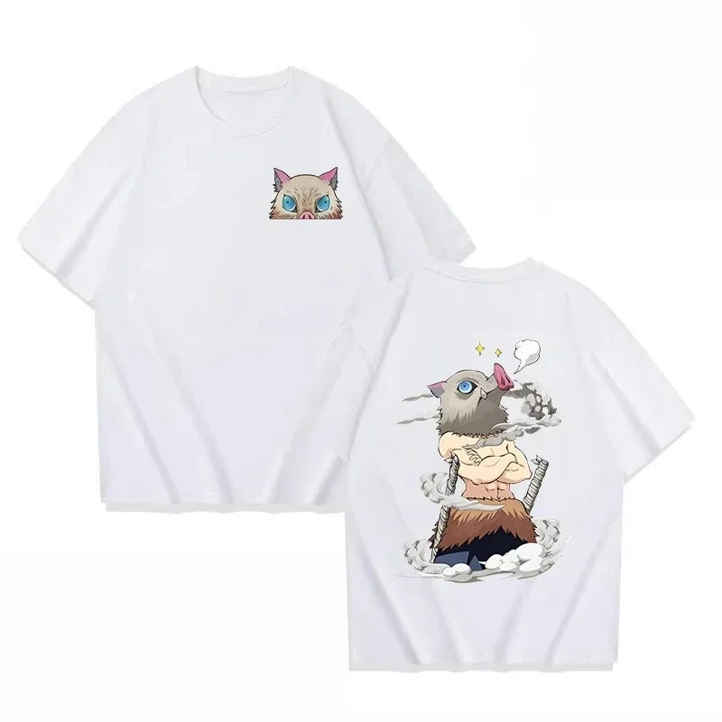A hot anime Inosuke T-Shirt featuring a cartoon Hashibira Inosuke graphic, designed as a casual round neck top for men and women.