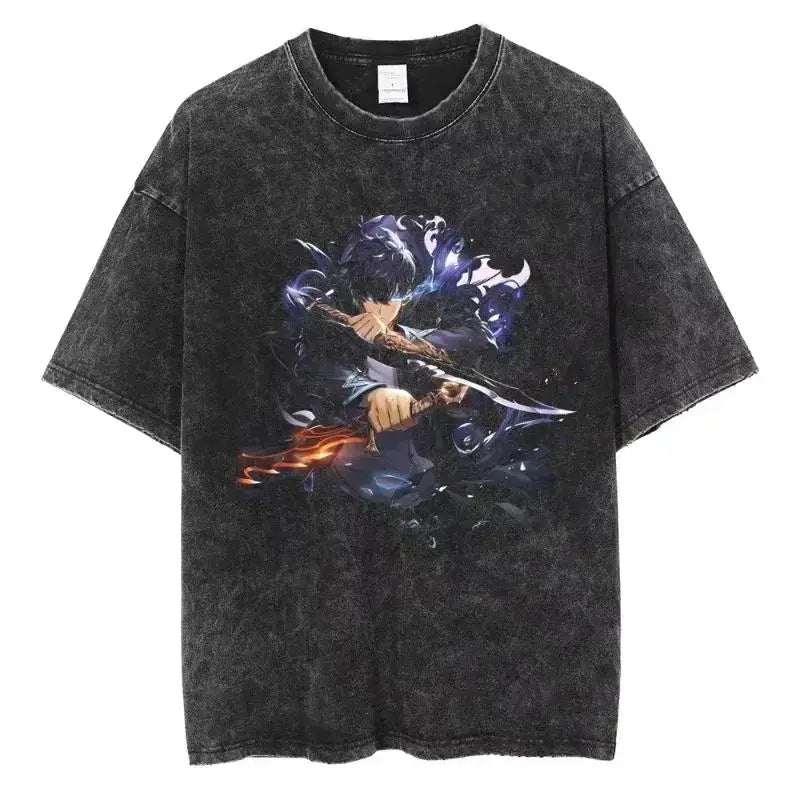 A hot unisex and plus size Solo Leveling Sung Jin-Woo Printed T Shirt in a washed cotton Harajuku style.