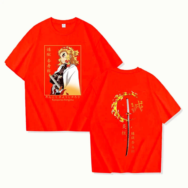 A hot new Rengoku Kyoujurou Printed Tee Shirt, a casual round neck summer unisex top for Demon Slayer fans.