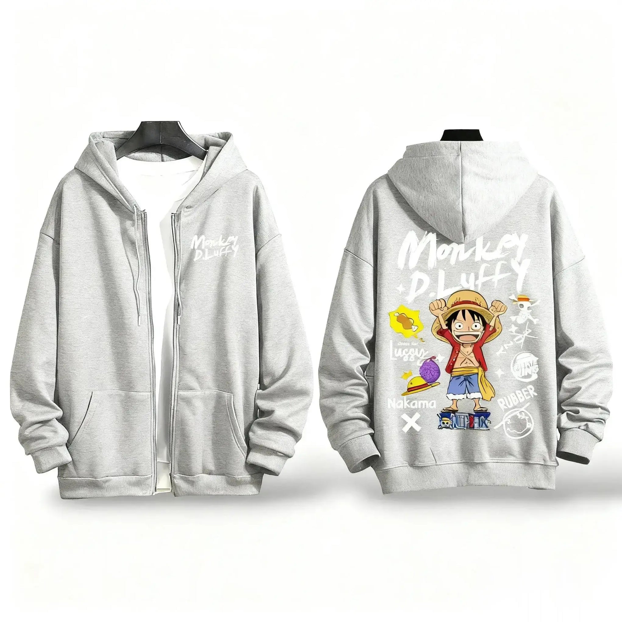 A loose casual One Piece Luffy Anime Hooded Jacket with a graphic print, suitable as a streetwear fashion coat for men and women.