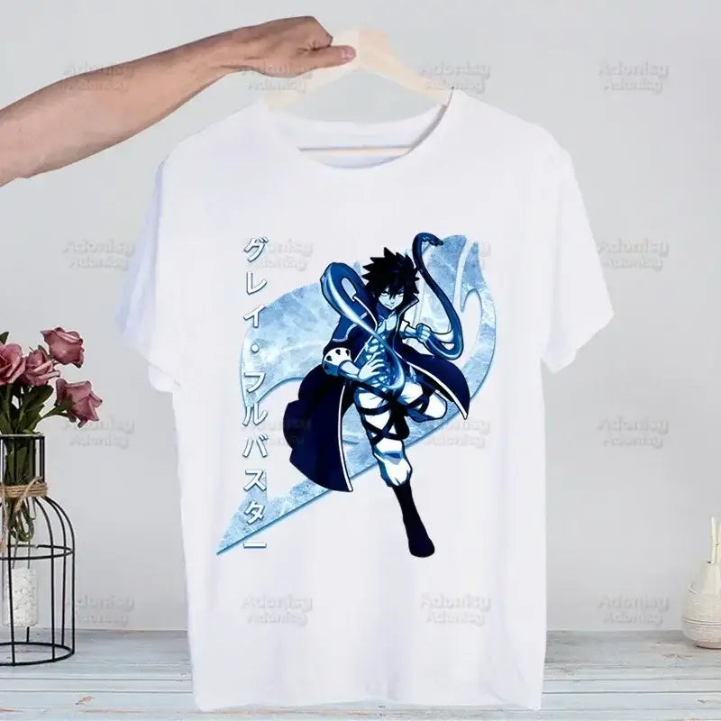 A hip hop style Fairy Tail T-shirt made of cotton featuring anime characters Natsu Dragneel and Lucy Heartfilia.