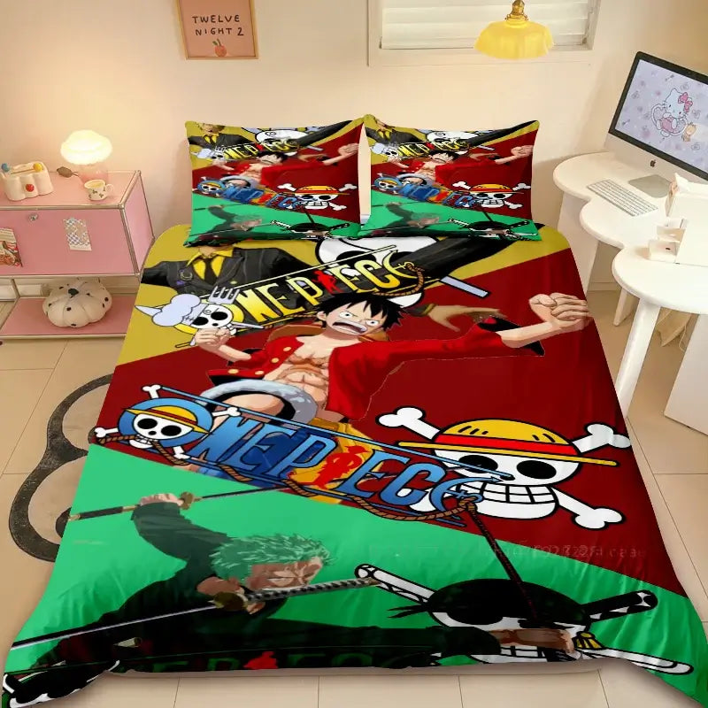 A comfortable Duvet Cover One Piece cartoon bedding set, showing the Straw Hat Pirates, an ideal holiday gift for friends and children.
