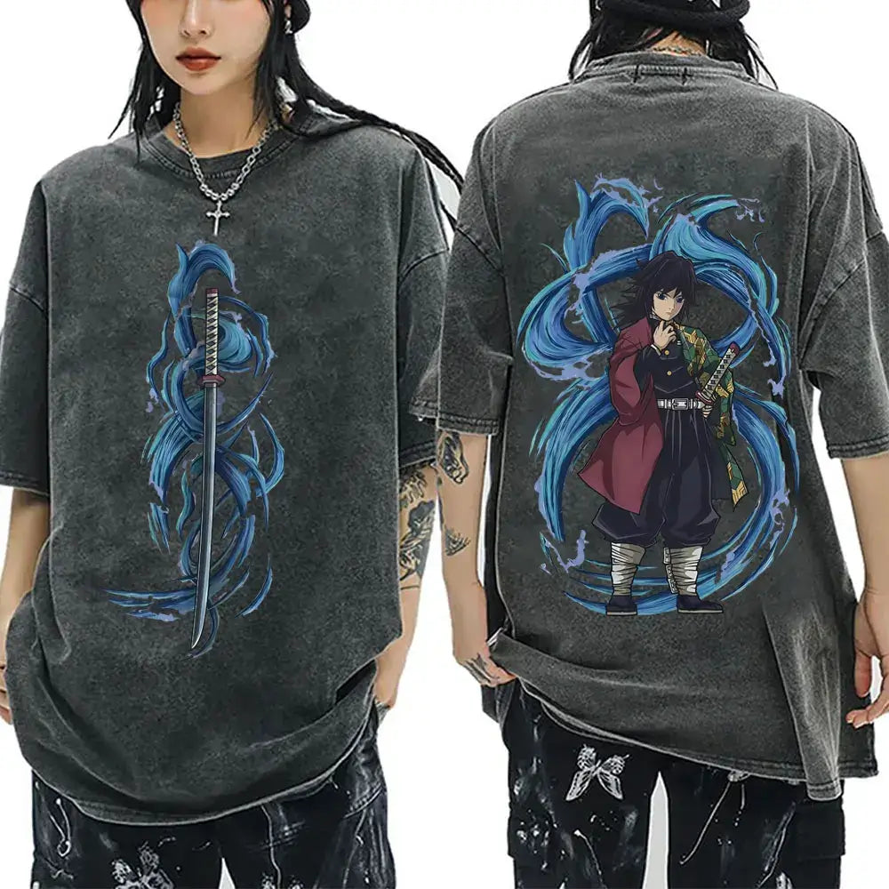 A washed black Demon Slayer Vintage T-Shirt made of 100% cotton, featuring an oversized cartoon anime graphic for men and women.