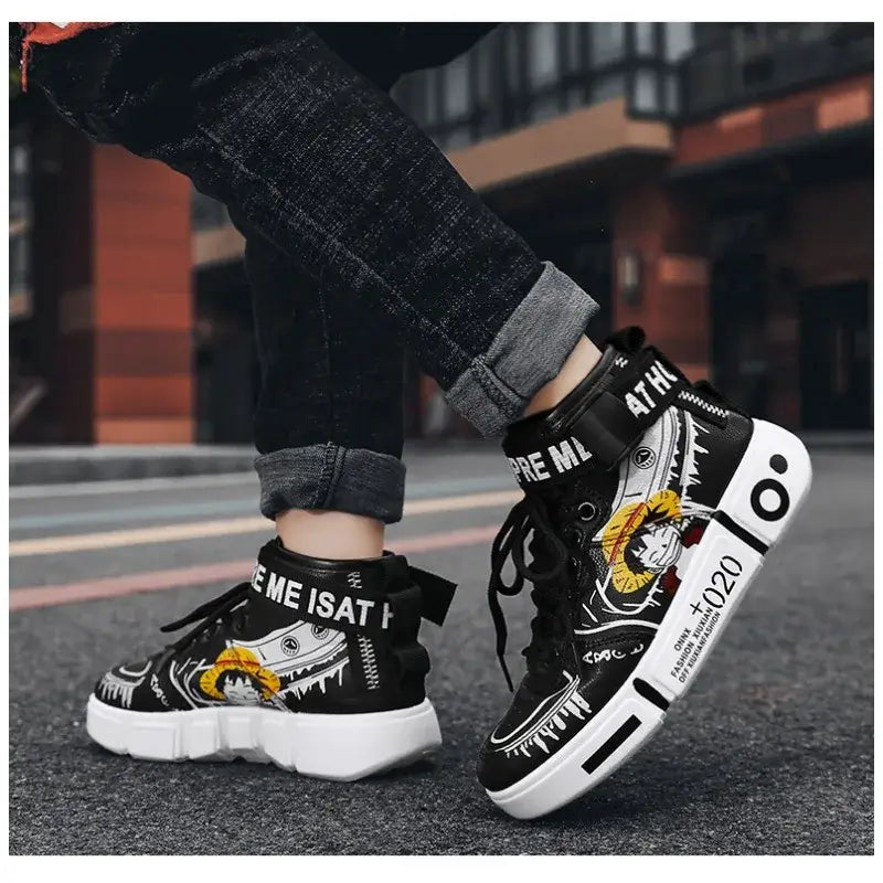 A pair of Anime One Piece Luffy High Top Shoes featuring Roronoa Zoro, designed as breathable, non-slip leisure sports sneakers for men and women.