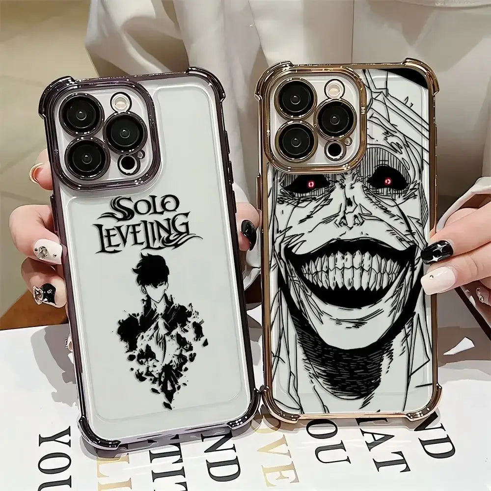 A luxury Solo Leveling Plating Case featuring Sung Jinwoo art with electroplated edges and anti-fall airbag corners for Apple iPhone 16 and 15.