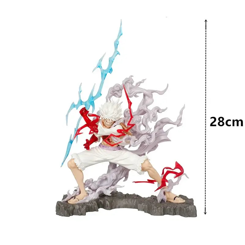 A handmade 28cm One Piece Luffy Statue featuring movable parts and lightning effects, perfect for anime desktop decoration and gifting.