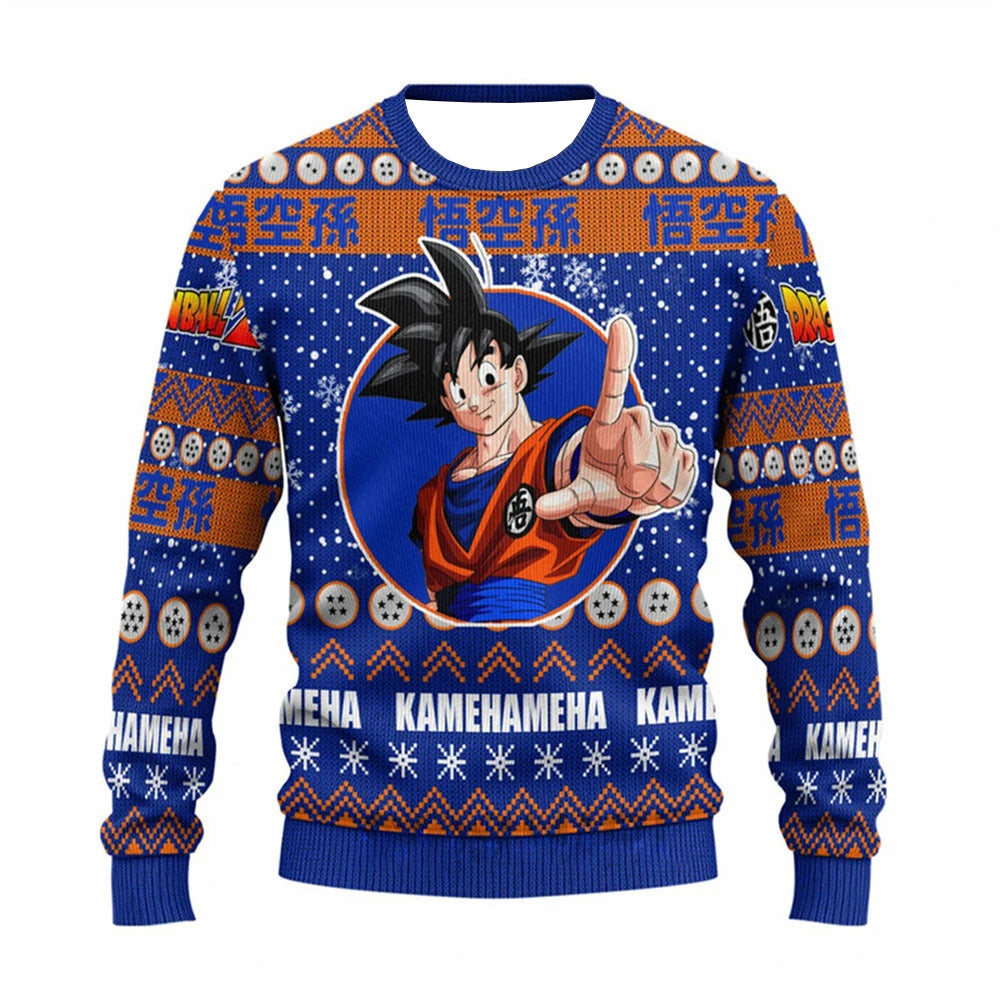 A festive Dragon Ball Anime Sweater featuring Goku and Dragon Balls, designed as a round neck Christmas pullover for men and women.