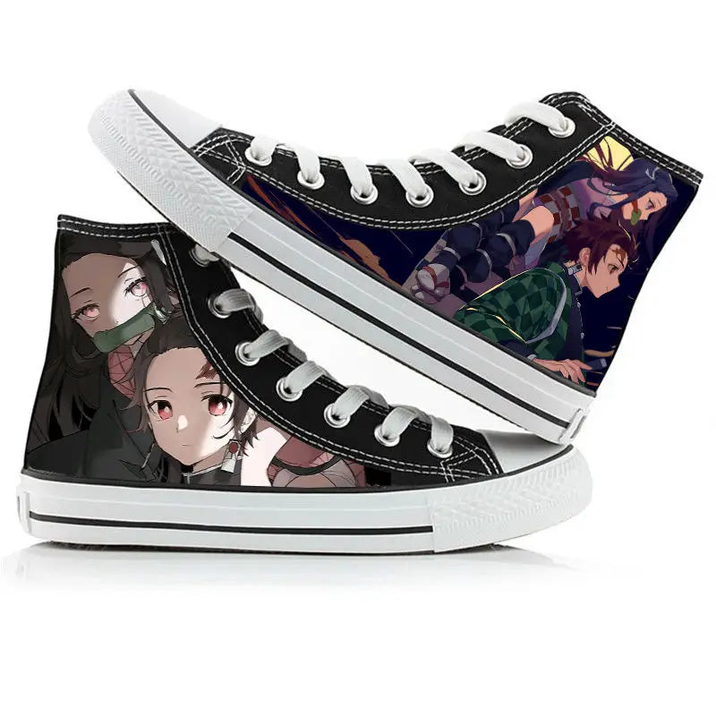 A pair of kawaii Anime Demon Slayer Canvas Shoes in a hand-painted high-top sneaker style for boys and girls.