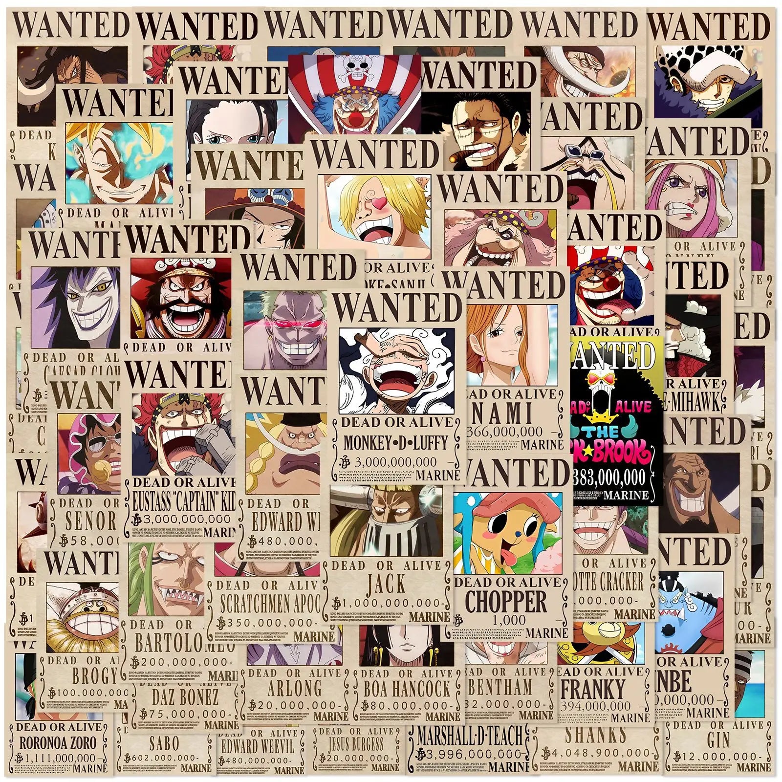 A pack of 50 One Piece Wanted Posters stickers and cool graffiti decals featuring Luffy and the Straw Hat crew, applied to a laptop and suitcase.